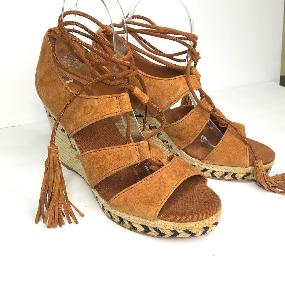 H&M Wedge Cognac Brown Suede Espadrille Boho Prairie Lace Up Sandals 8.5